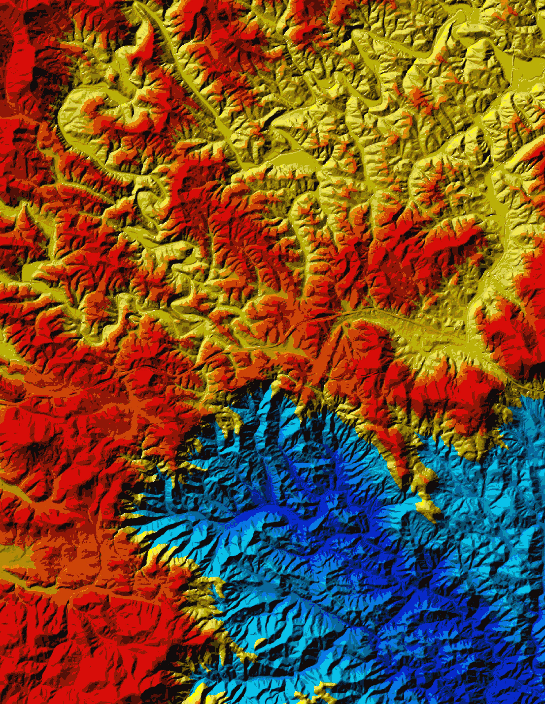 Topography of the Blue Ridge Escarpment, Virginia and West Virginia. Atlantic draining rivers at low elevation (blue colors) are advancing westward, capturing the older, west-draining rivers (yellow and reds) of the Appalachian Plateau.