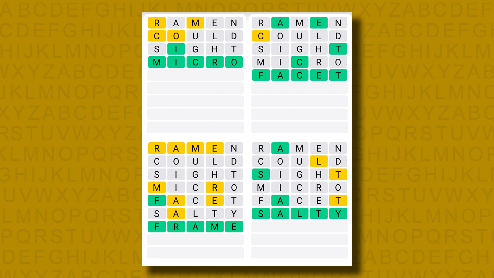 Quordle answers for game 1323 on a yellow background