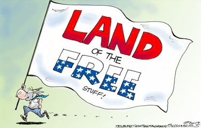 Political Cartoon U.S. Bernie 2020 Democratic Debate Land of the Free Stuff Socialism