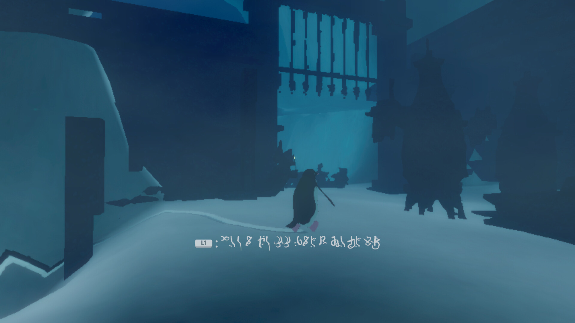 Unintelligible text is on screen as the penguin explores a mystery ruin in Penguin Colony