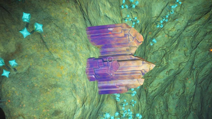 A large lump of gold and purple lithium in Subnautica 2