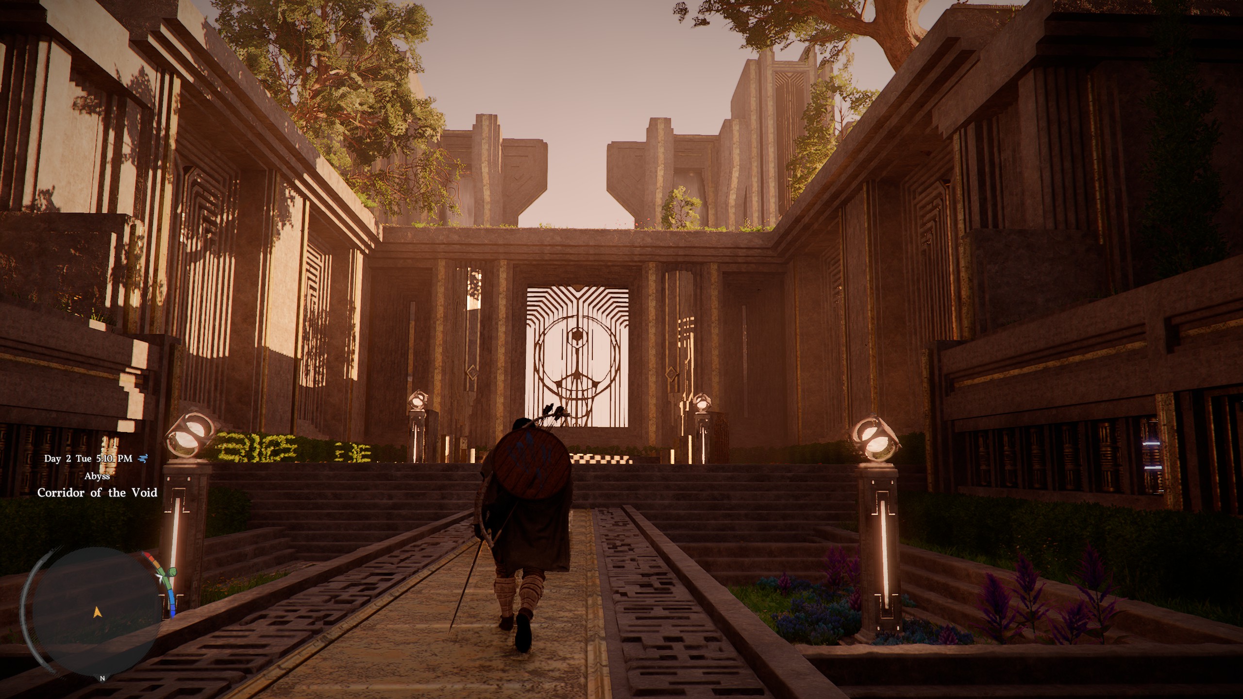 Kliff walks through a sepia tone-soaked futuristic ruin with stone floors and a metal gate.