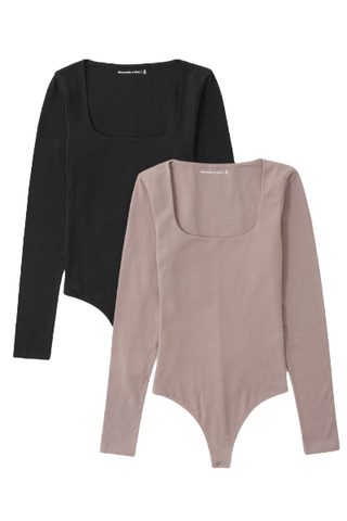 Abercrombie 2-Pack Long-Sleeve Cotton-Blend Seamless Fabric Squareneck Bodysuits (Were $90) 