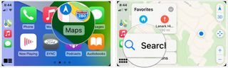 To use the Search function in CarPlay, tap the Maps button, choose Search.