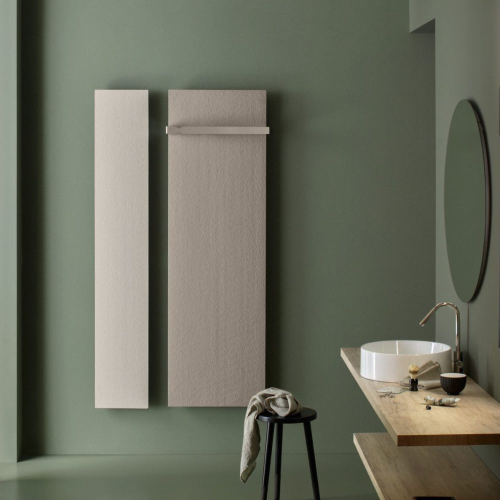 Minimalist radiators with optional shelf rail. A subtle radiator shelf detail that suits spa-style bathrooms and calming interiors.