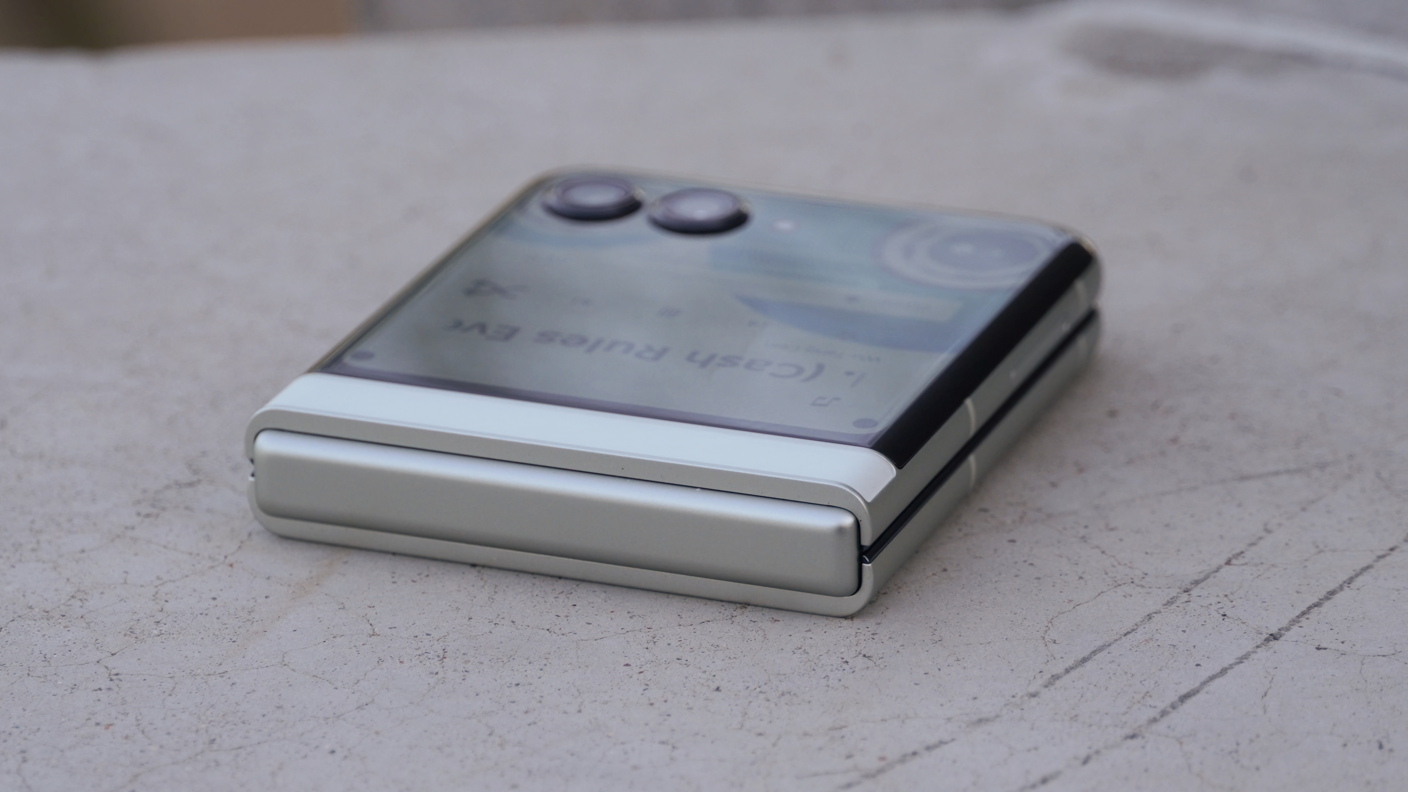 An angled view of the Motorola Razr 2025's hinge and cover screen.