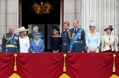 Prince Charles, Prince of Wales, Prince Andrew, Duke of York, Camilla, Duchess of Cornwall, Queen Elizabeth II, Meghan, Duchess of Sussex, Prince Harry, Duke of Sussex, Prince William, Duke of Cambridge, Catherine, Duchess of Cambridge and Anne, Princess Royal watch the RAF flypast