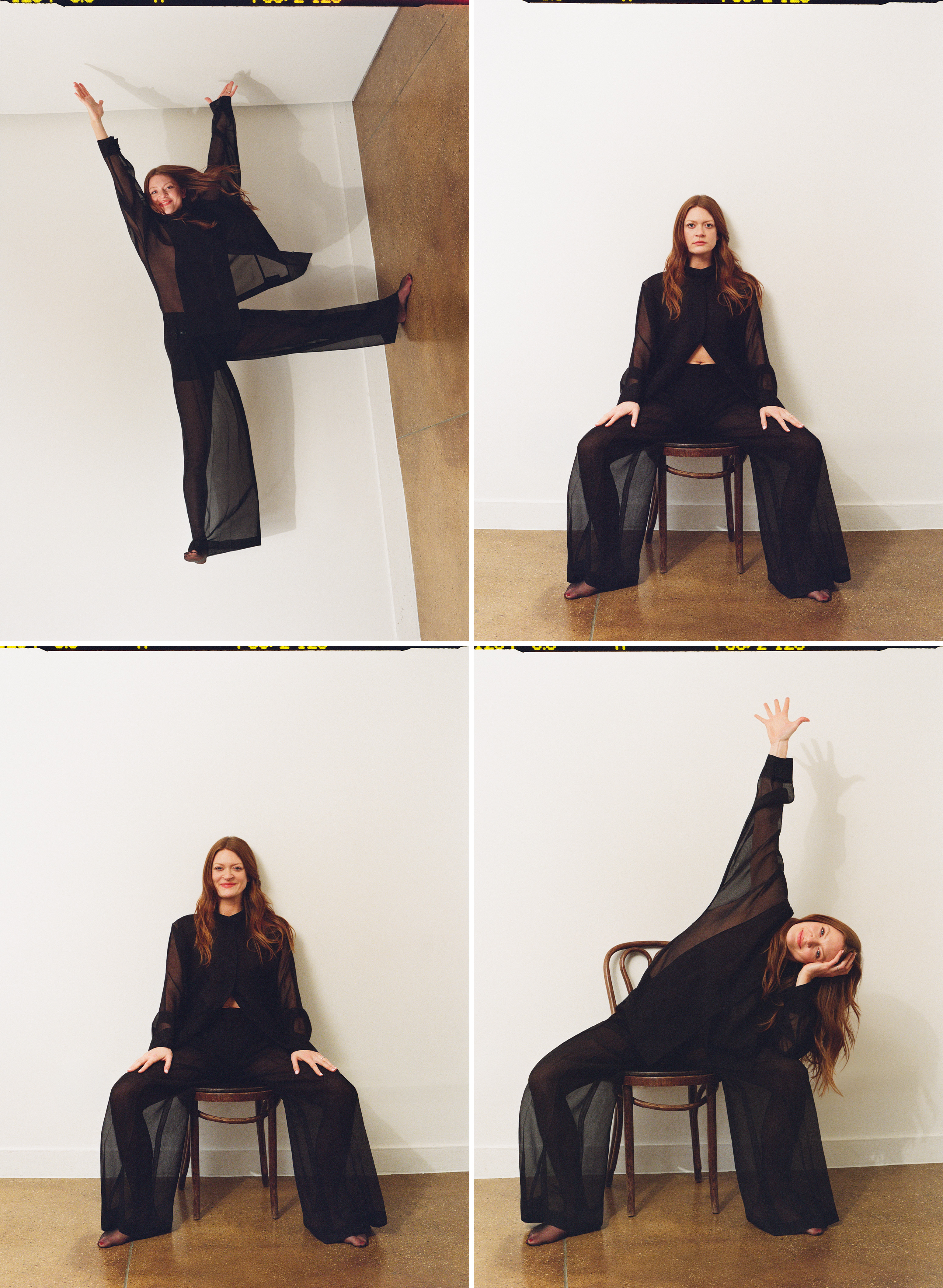 Colby Minifie photographed by Emily Soto in studio wearing a matching black sheer long sleeve blouse and pant set.