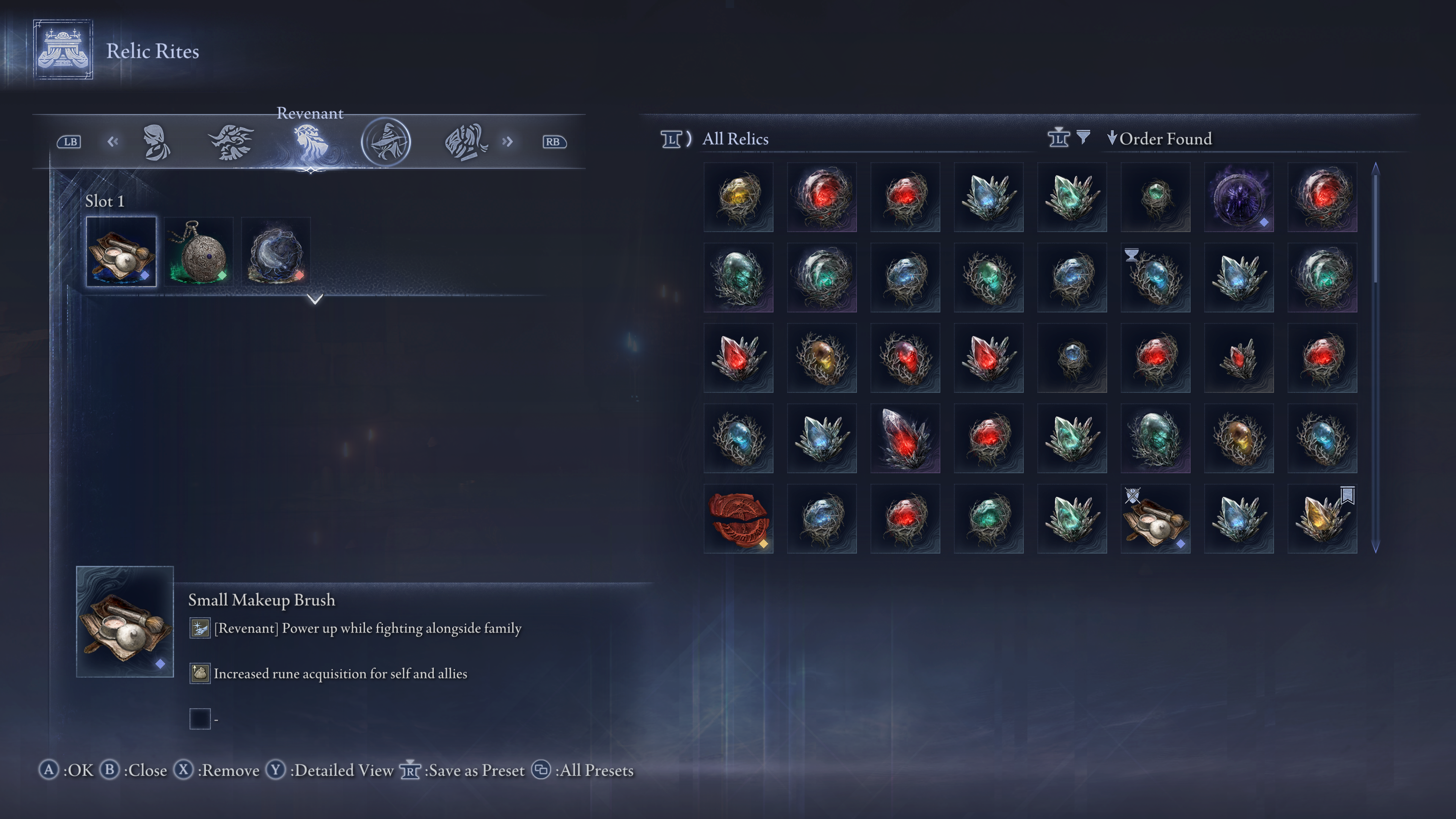 Elden Ring Nightreign Revenant build: A set of relics in the relic rites menu for Revenant.