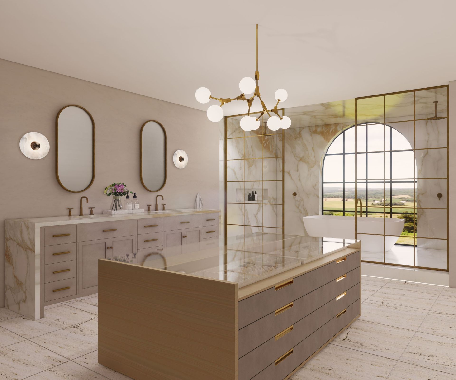 A warm neutral bathrooms with a statement island for storage