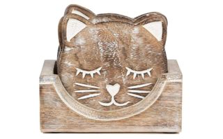 Wooden cat-shaped coasters in a holder