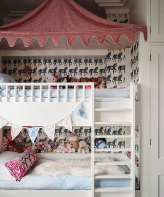 White bunk beds and ladders, horse wallpaper