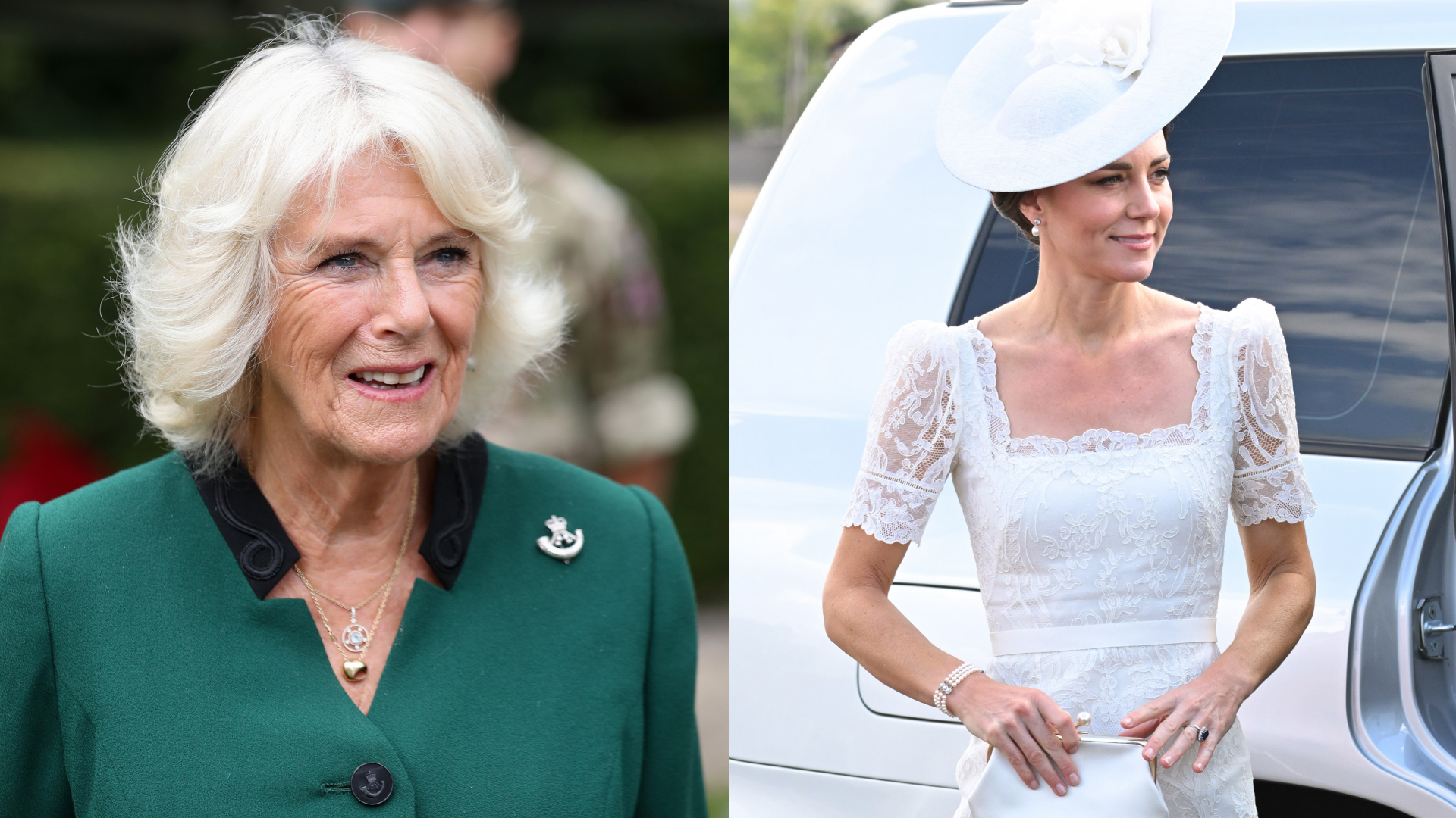 Queen Camilla in a green coat; Princess Kate wearing a white dress and hat