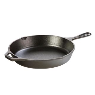 A black cast iron skillet with a handle on the end of it