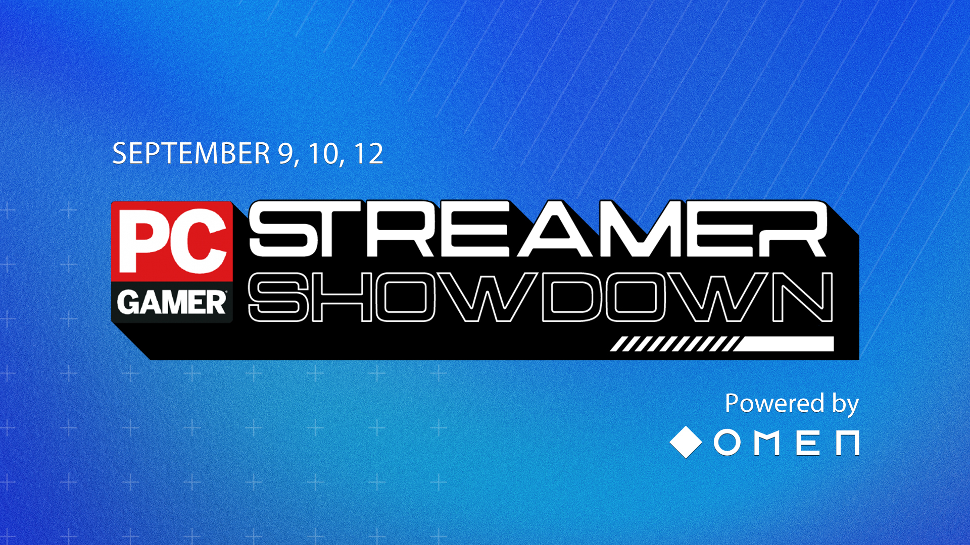 Streamer Showdown logo on blue background with &quot;Powered by OMEN&quot; and the dates visible
