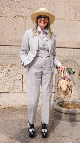Diane Keaton attends the Thom Browne Haute Couture Fall/Winter 2023/2024 show as part of Paris Fashion Week at Palais Garnier on July 03, 2023 in Paris, France