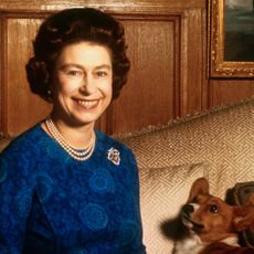 Queen Elizabeth wearing a blue dress and pearls and smiling sitting on a couch next to a Corgi