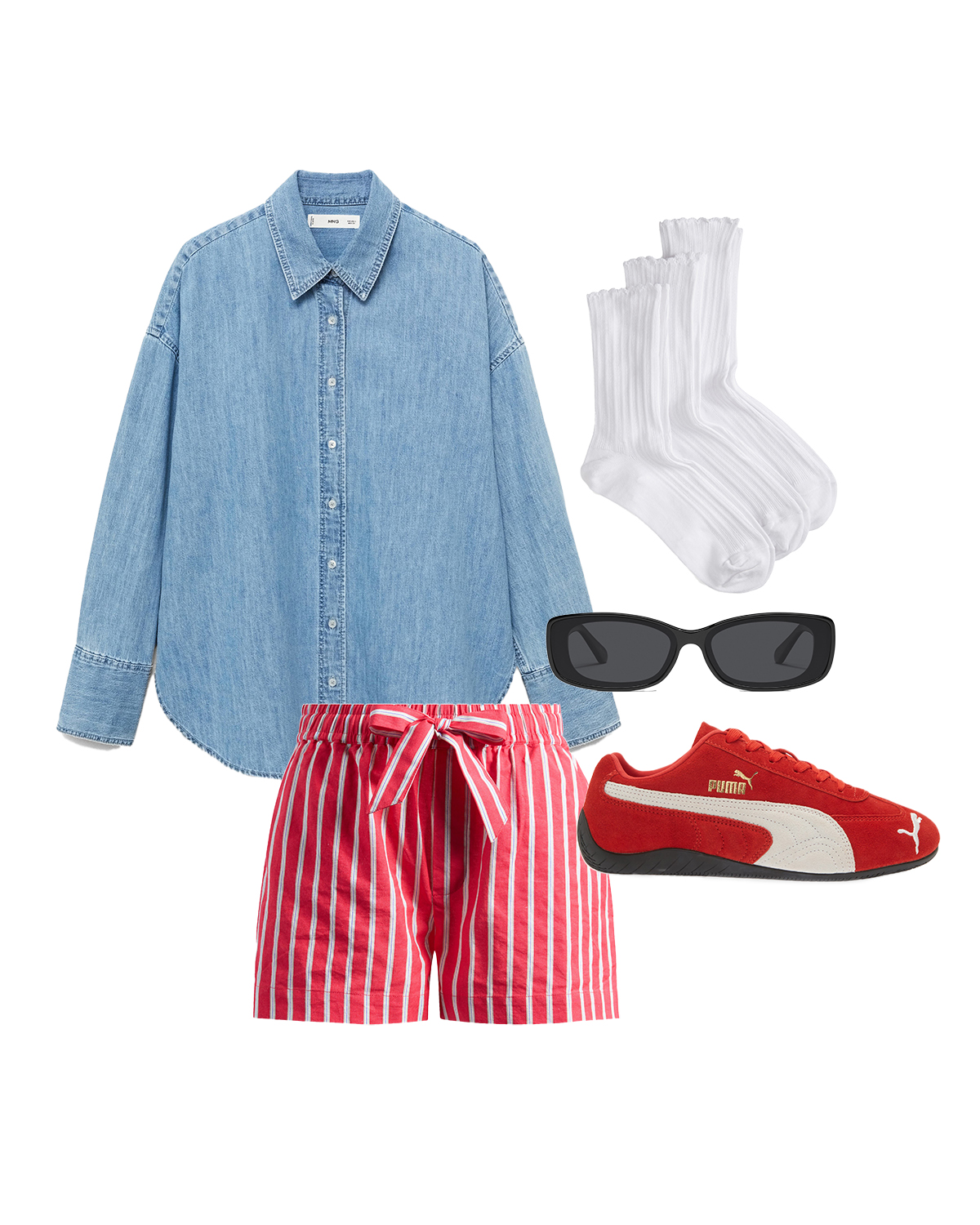collage of denim shirt, red shorts, red sneakers, and ruffle socks