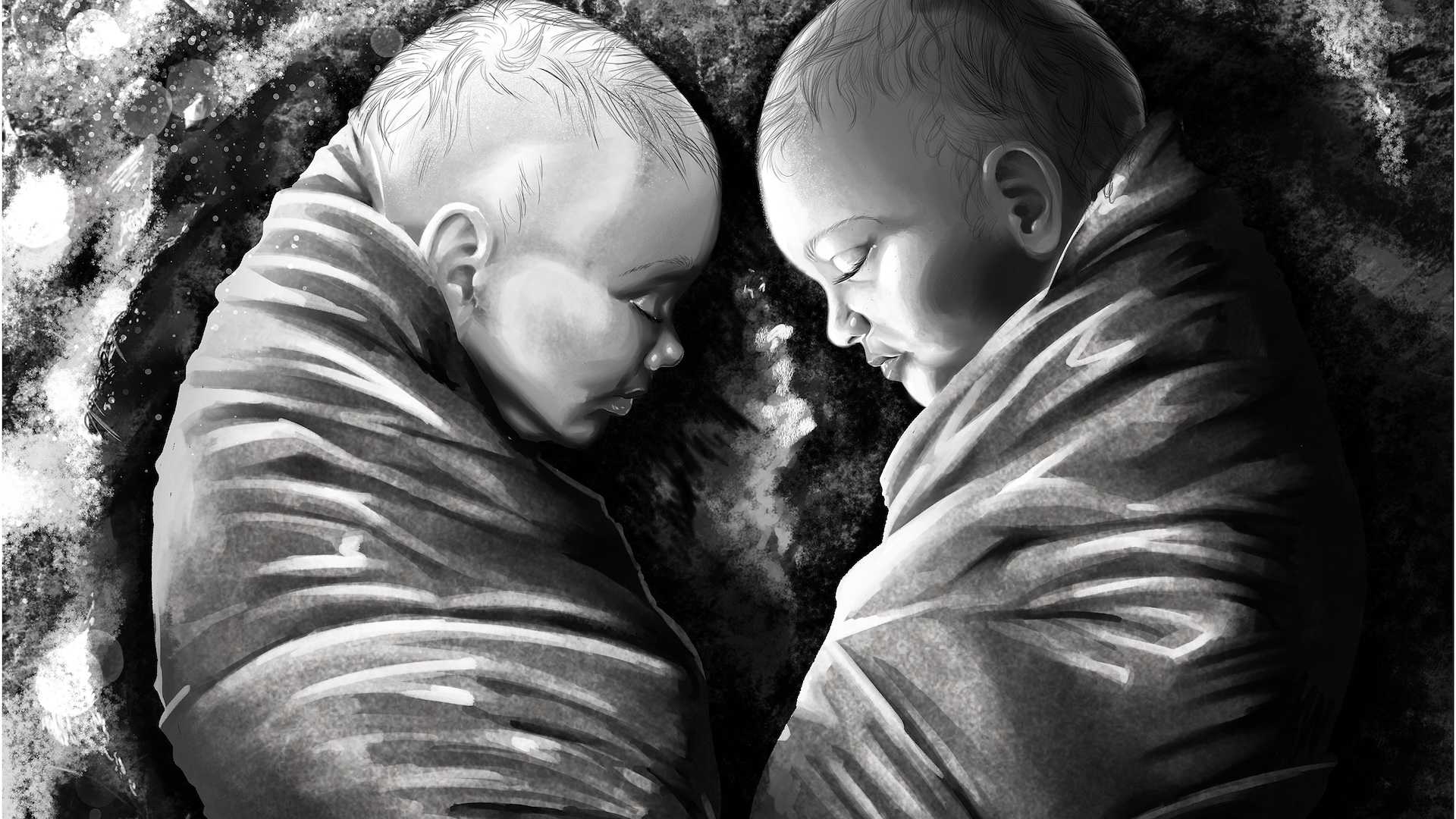 An illustration of two twins buried in a grave