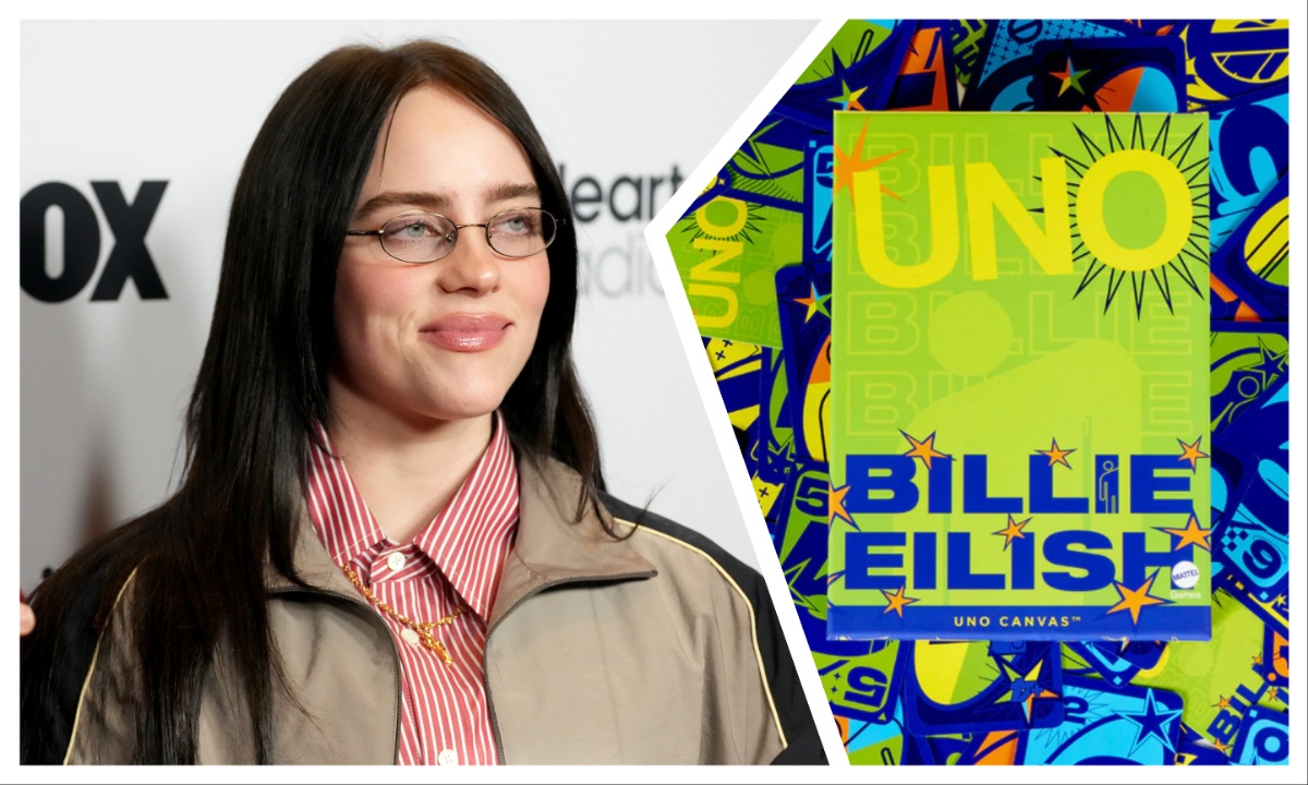 an image of billie eilish at the iHeart radio awards spliced with an image of her new UNO pack 