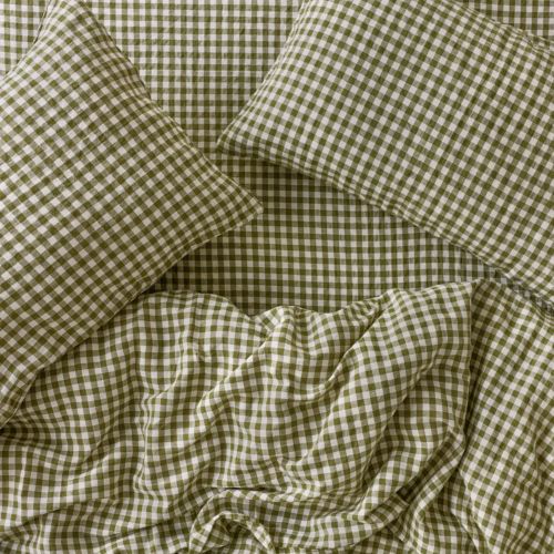 Botanical Green Gingham Linen Blend Duvet Cover