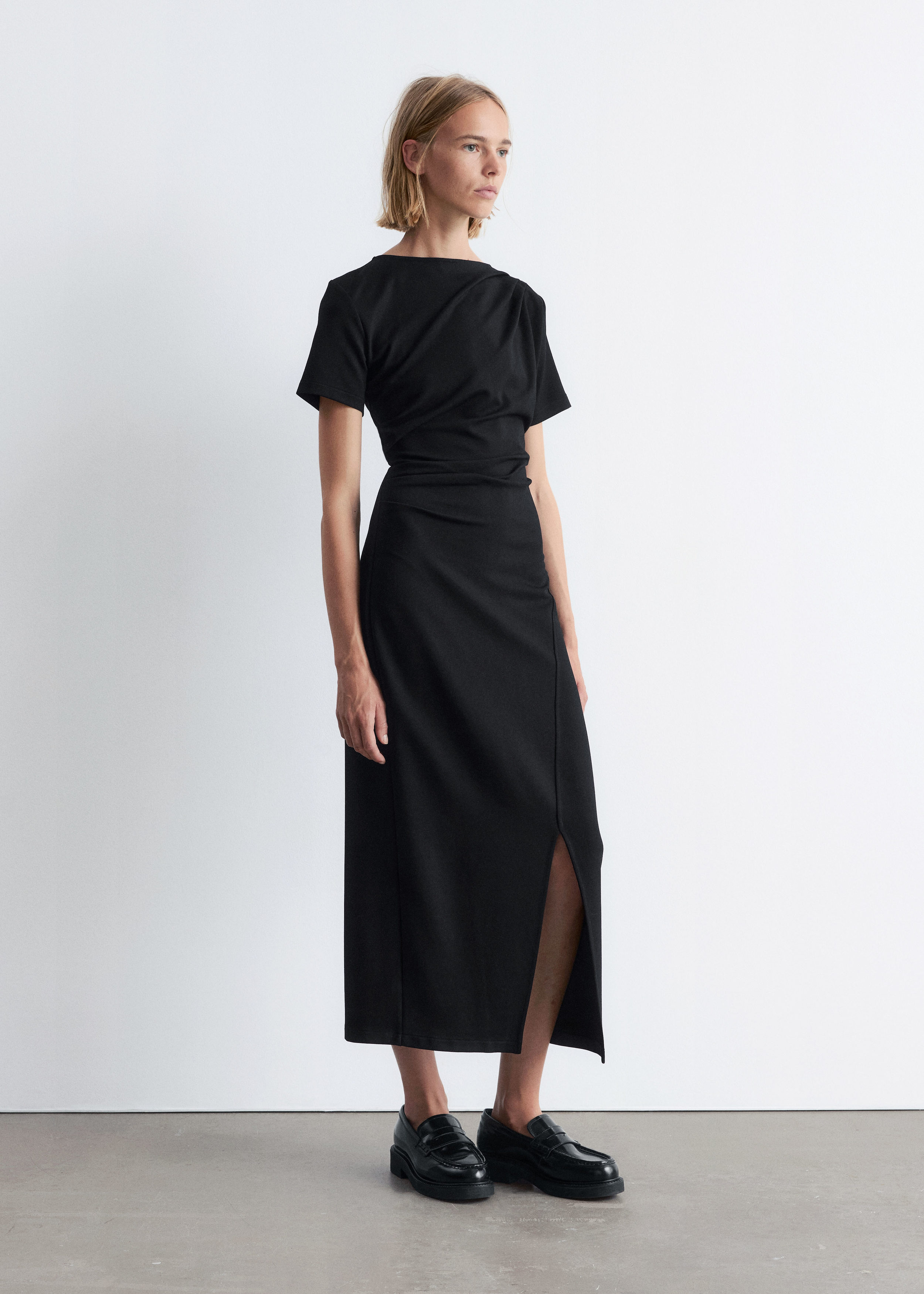 Draped Short-Sleeve Midi Dress