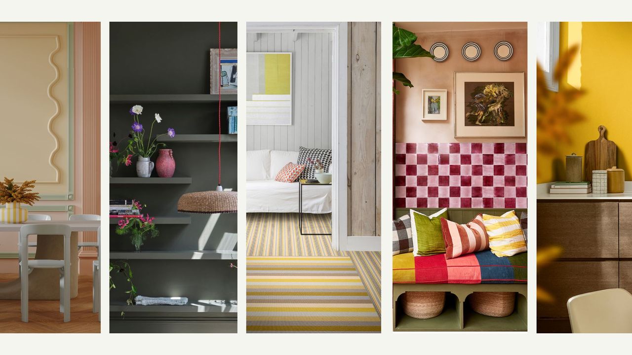 Collage of different rooms with homewares and paints showing the key interior colours trends for 2025