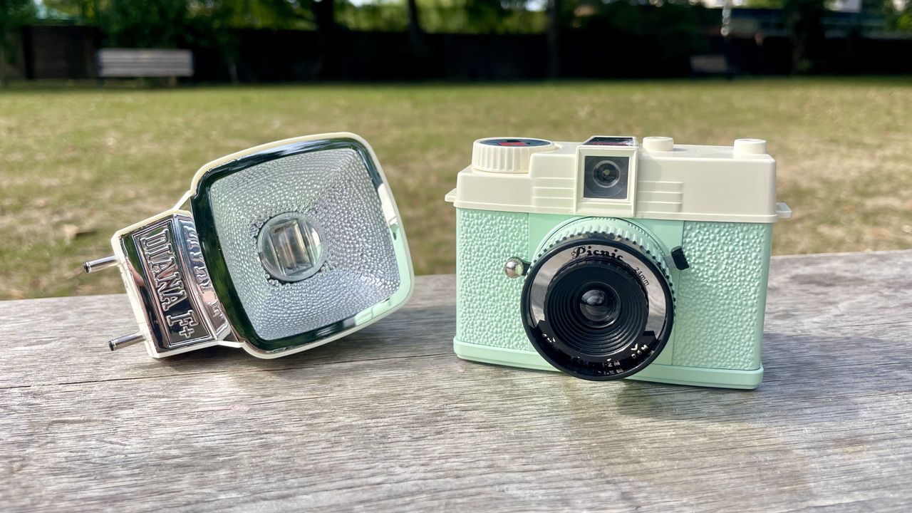 Lomography Lomourette half-frame film camera on a park bench