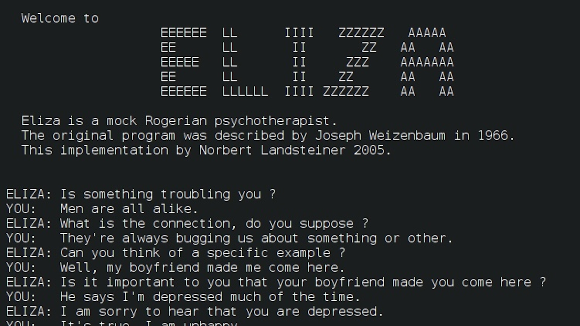 An image of the screen of the ELIZA program. It shows a chat between ELIZA. and a user.