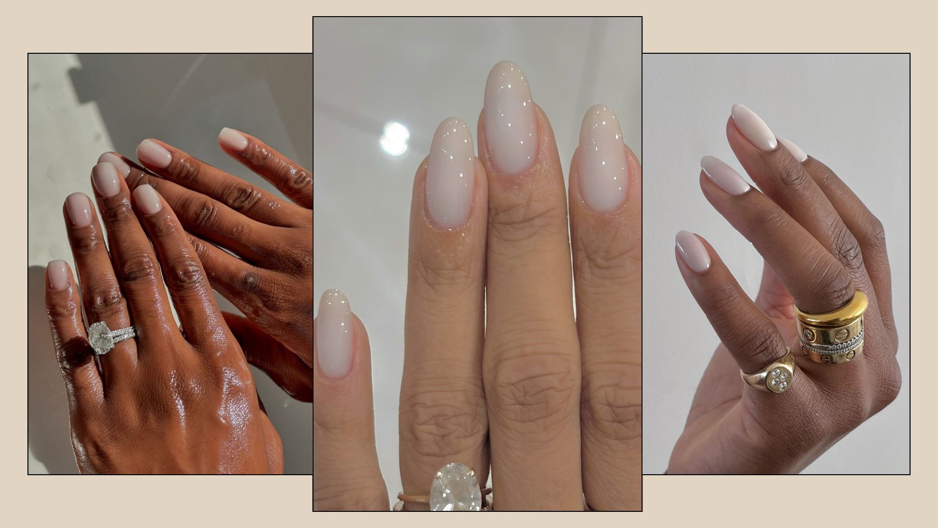 A collage with pictures of nails with milky manicures