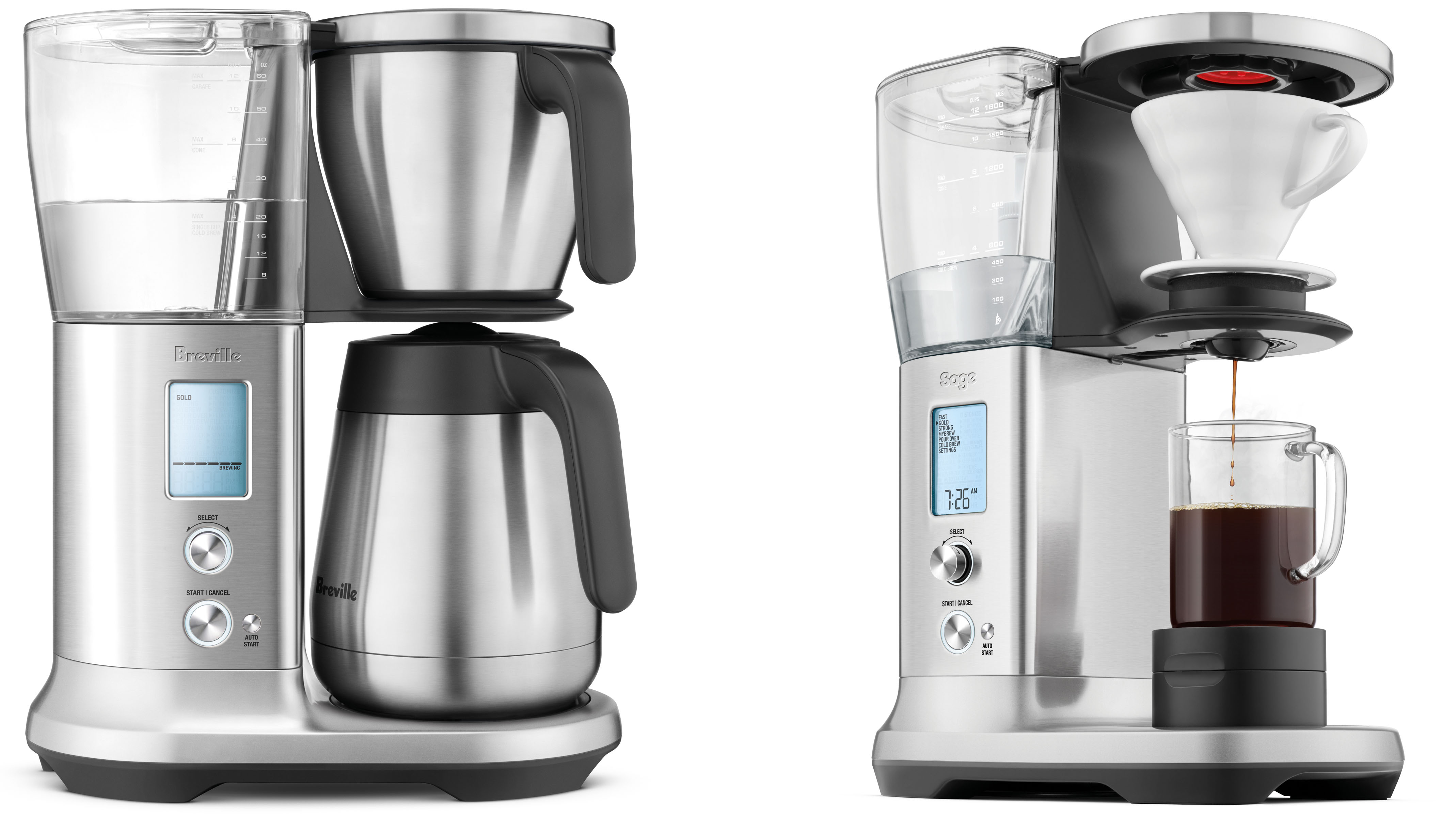 Sage Luxe Brewer Thermal coffee maker set up for brewing coffee into a pitcher, and through a V60 filter into a mug