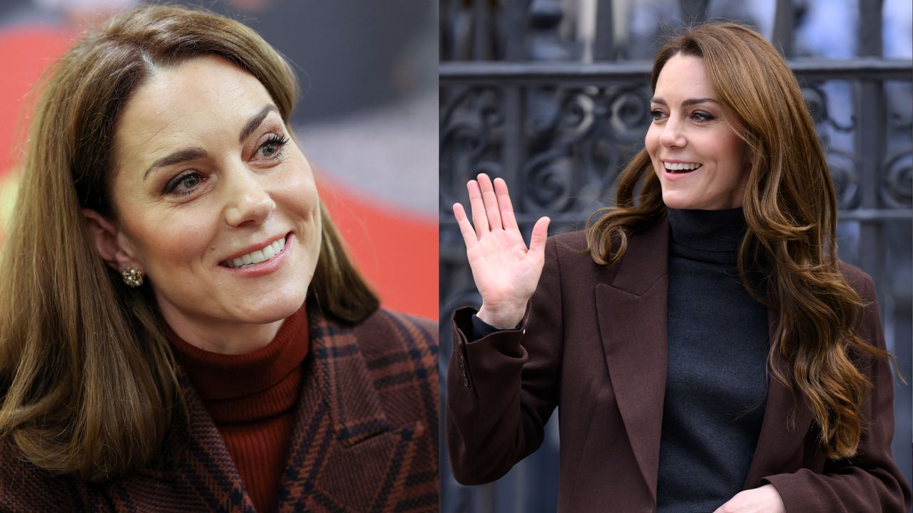 Kate Middleton wearing a burgundy plaid coat and turtleneck smiling next to a photo of her wearing a black turtleneck and brown blazer waving and smiling