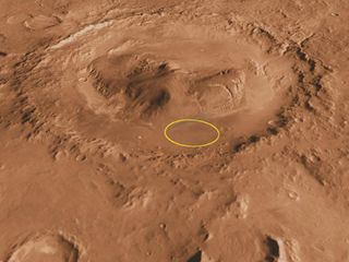 The circle shows the proposed landing site for Curiosity inside Gale crater