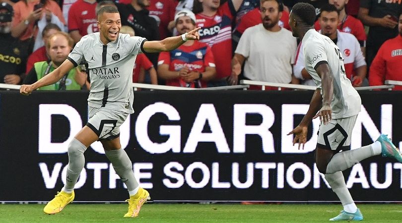 Kylian Mbappe celebrates after scoring a goal in just eight seconds against Lille in Ligue 1.