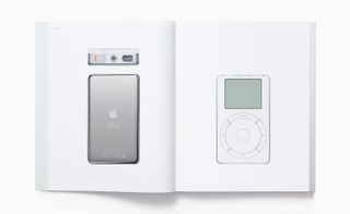 View of two pages inside the 'Designed by Apple in California' book featuring back and front photos of the 2001 iPod