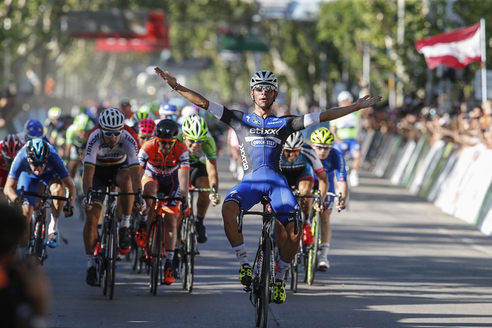 Fernando Gaviria celebrates his stage 2 win at Tour de San Luis.