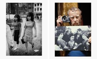 Left image: Black and white daytime image of two girls in sixties dress, brick paved square, buildings and people in the back drop, shrubs in planters to the far centre, persons arm in a white coat to the left of the shot Right image: Colour self portrait of Ed van der Elsken, pointing a camera t himself holding a black and white picture of three women dressed in sixties clothing, hairstyke and make up with two male photographers taking pictures from behind them