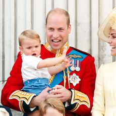 Prince William, Duke of Cambridge, Catherine, Duchess of Cambridge and Prince Louis of Cambridge watch a flypast from the balcony of Buckingham Palace during Trooping The Colour, the Queen's annual birthday parade, on June 8, 2019 in London, England