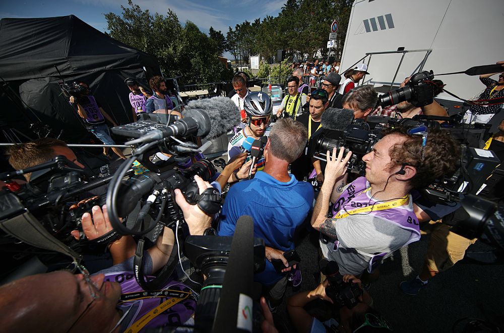 Peter Sagan (Bora Hansgrohe) speaks to the press at the start of stage 1 of the Tour de France
