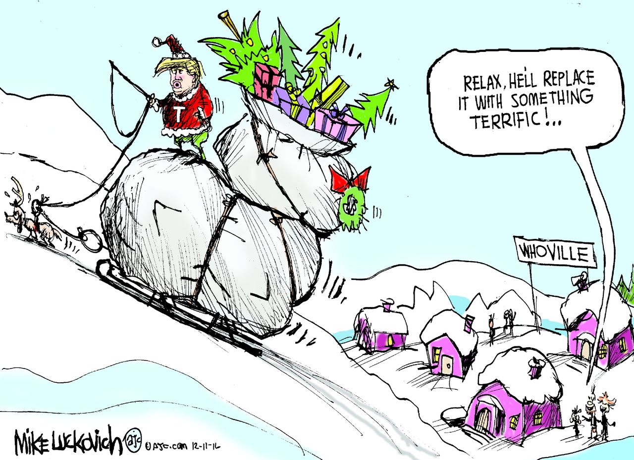 Political cartoon U.S. Donald Trump Grinch Christmas holiday