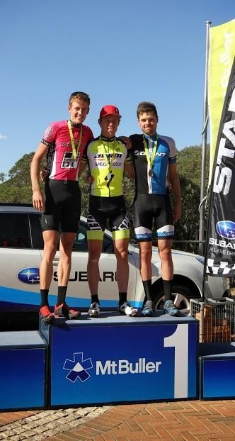 U23 men's cross country podium (L to R): Michael Crosbie (2nd), Cameron Ivory (1st), Kyle Ward (3rd)