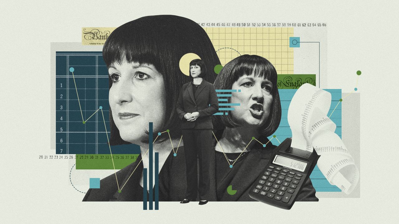 Photo composite of Rachel Reeves alongside ledgers, adding machines and economics symbols