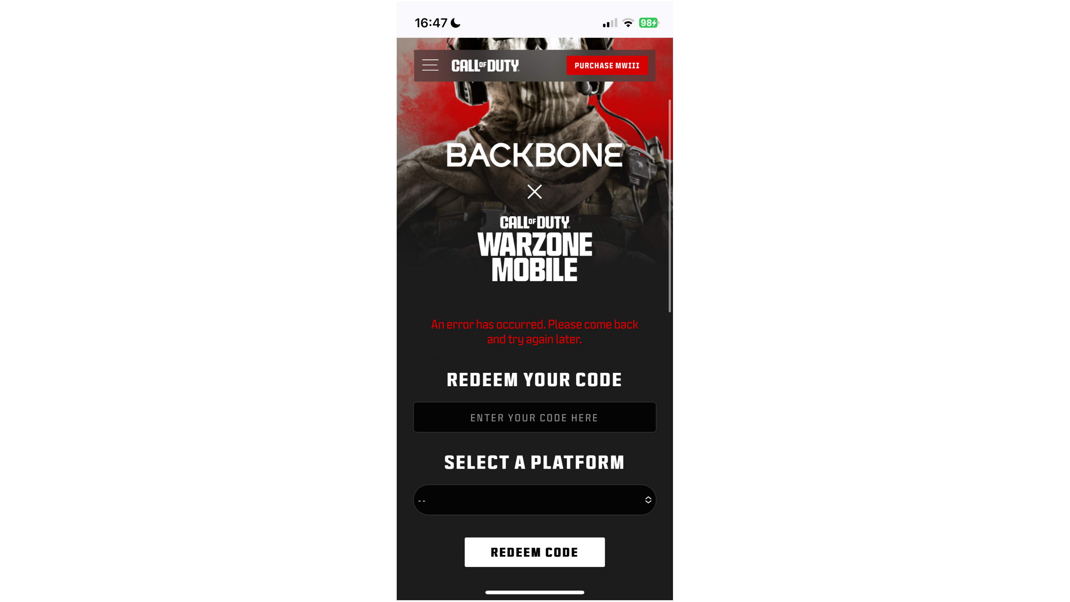 The Backbone code redemption page.