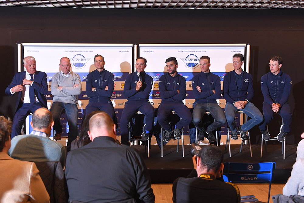 Quick-Step manager Patrick Lefevere, director Tom Steels, Zdenek Stybar, Philippe Gilbert, Fernando Gaviria, Iljo Keisse, Niki Terpstra, Yves Lampaert