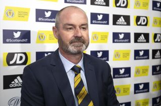 Steve Clarke spoke at a Hampden media conference