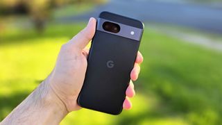 An in-hand view of Google Pixel 8a from the rear
