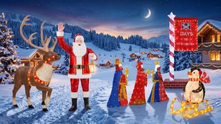 A selection of Christmas decorations on a snowy background.