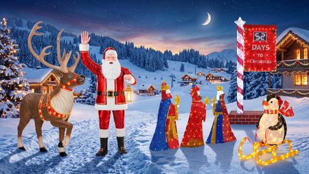 A selection of Christmas decorations on a snowy background.