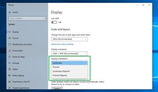 How to rotate screen in Windows 10 step 2: Scroll down to Display Orientation and select orientation from drop-down list