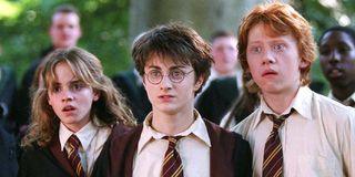 Hermione, Harry and Ron look shocked in a scene from Harry Potter and the Prisoner of Azkaban